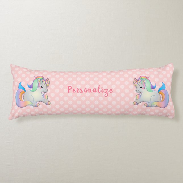 Cute Baby Unicorn Rosa Polka Dot Pastel Bedding Kroppskudde (Framsidan)