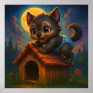 Cute Baby varulv på Hund House Fantasy Art Poster