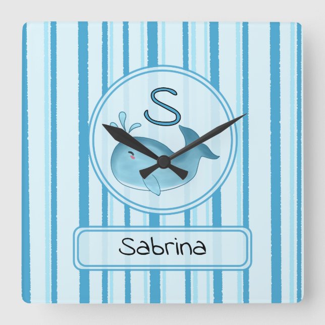 Cute Baby Whale Blue Stripes Fyrkantig Klocka (Framsida)