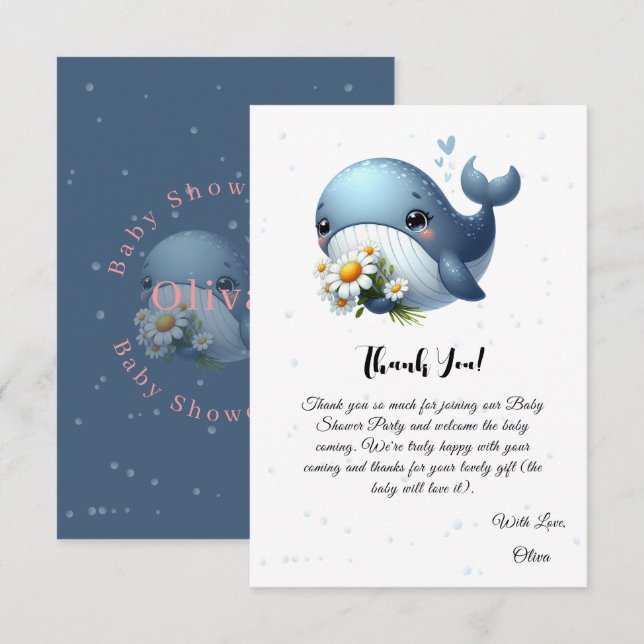 Cute Baby Whale med Daisy Baby Shower Tack Kort (Fram/baksida)
