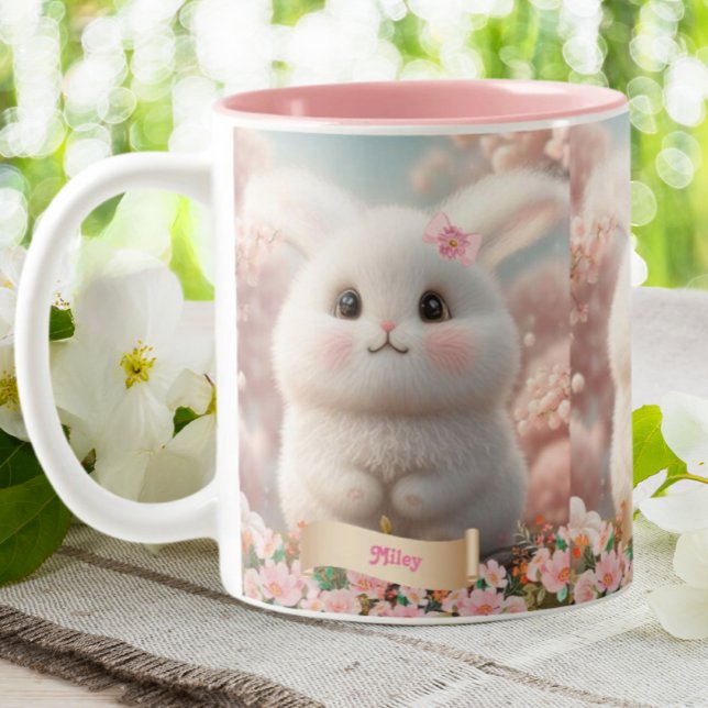 Cute Baby White Rabbit Rosa Garden Personlig Två-Tonad Mugg (Skapare uppladdad)