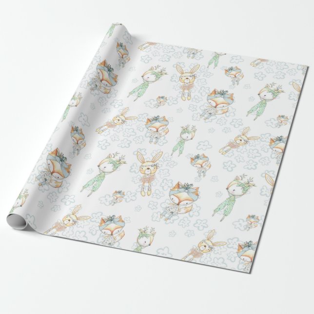 Cute Baby Woodland Forest Animals Fox Bunny Presentpapper (Utrullad)
