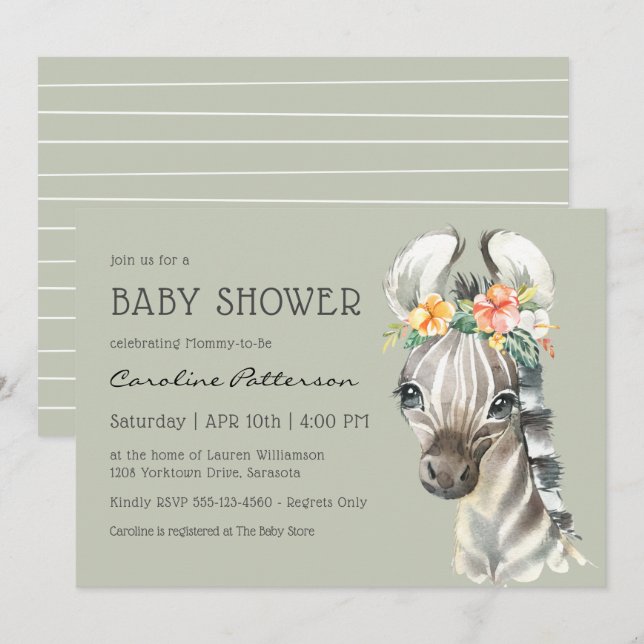 Cute Baby Zebra Kön Neutral babystötare Inbjudningar (Fram/baksida)