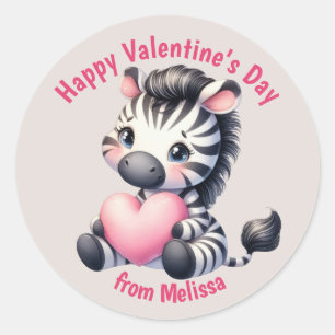 Cute Baby Zebra Rosa Heart Valentine Runt Klistermärke
