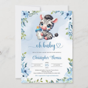 Cute baby zebra vattenfärgsblå blommigt greenery inbjudningar