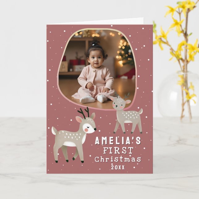 Cute Baby's 1st Christmas Photo Reindeer Holiday Kort (Gul blomma)