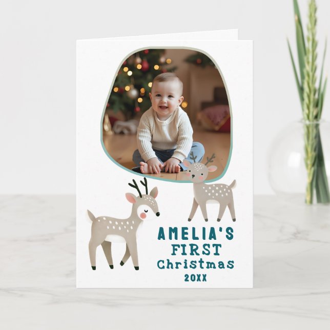Cute Baby's 1st Christmas Photo Reindeer Holiday Kort (Framsida)