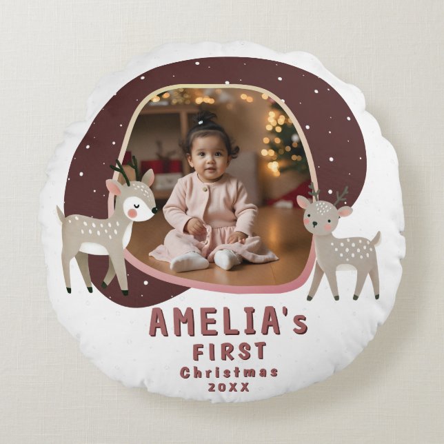 Cute Baby's 1st Christmas Photo Reindeer Rund Kudde (Framsidan)