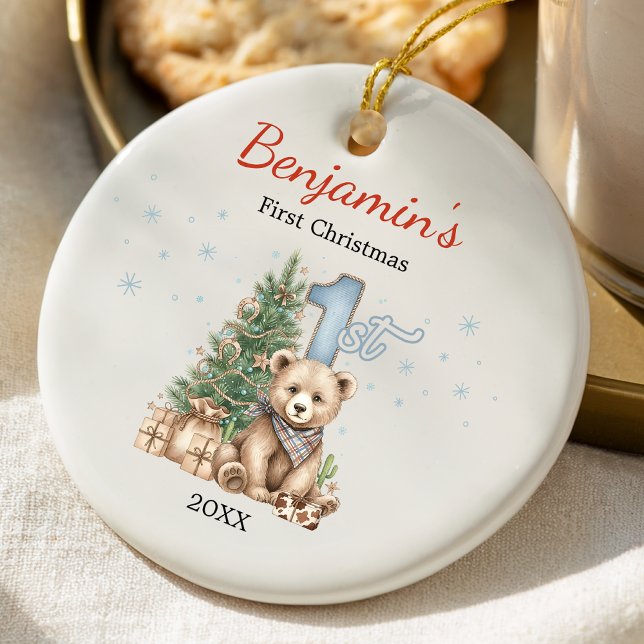 Cute baby's first Christmas tree blue teddy bear Julgransprydnad Keramik (Skapare uppladdad)