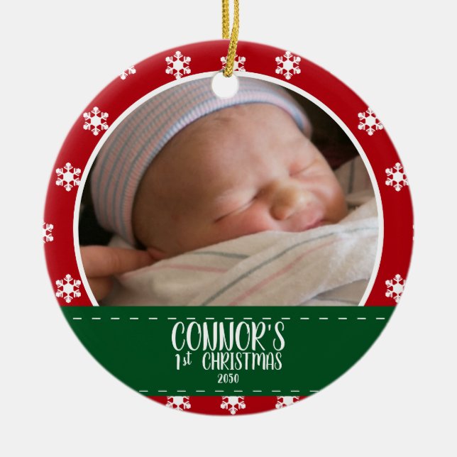 Cute Babys första julfoto Red Snowflake Julgransprydnad Keramik (Framsidan)