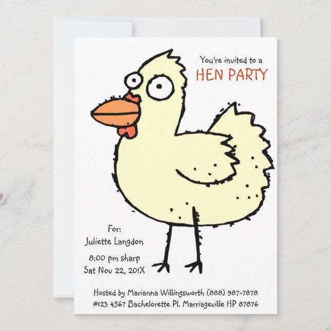 Cute Bachelorette Party White Hen Tecknad Inbjudningar (Framsida)
