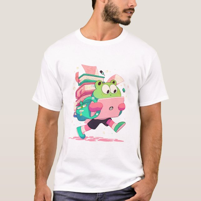 Cute Back to School Frog with Books and Backpack T Shirt (Framsida)