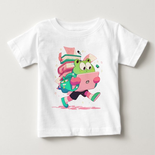 Cute Back to School Frog with Books and Backpack T Shirt (Framsida)