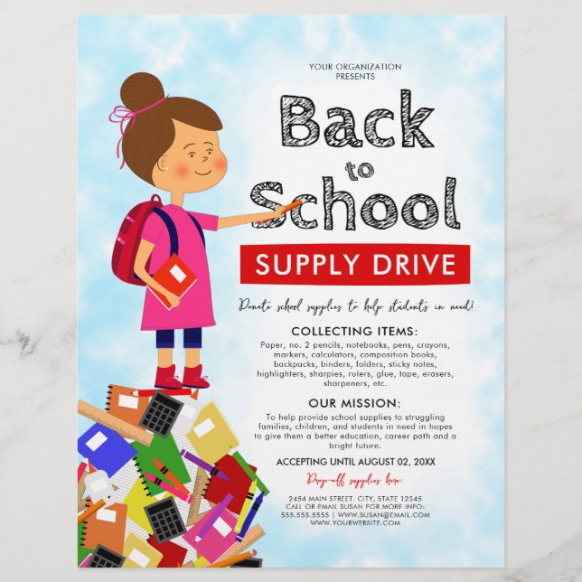 Cute Back to school Supply Drive Fundraiser Reklamblad (Framsidan)