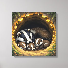 Cute Badger Family Napping Canvastryck