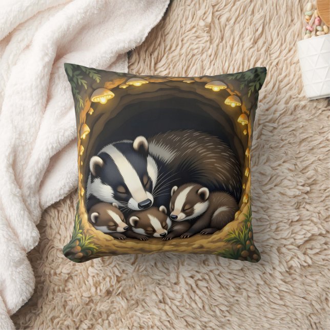 Cute Badger Family Napping Kudde (Filt)