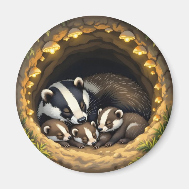Cute Badger Family Napping Magnet (Framsidan)