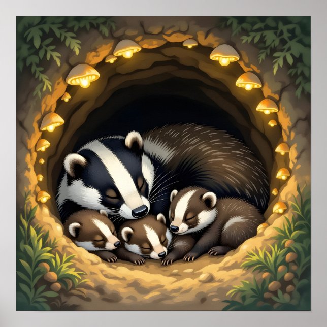 Cute Badger Family Napping Poster (Framsidan)