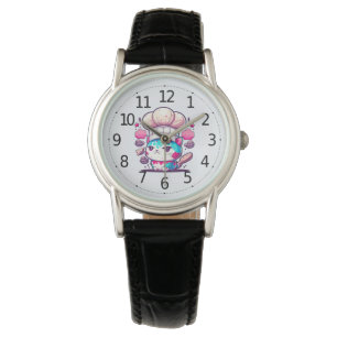 Cute Baker-bakverk Chef Cat Kitten med Bread Armbandsur