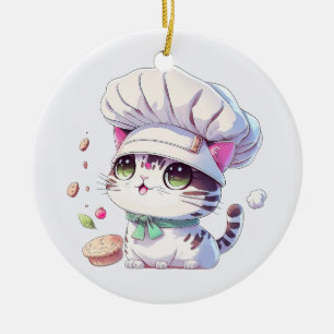 Cute Baker-bakverk Chef Cat Kitten med Bread Julgransprydnad Keramik