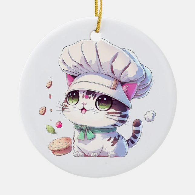 Cute Baker-bakverk Chef Cat Kitten med Bread | Julgransprydnad Keramik (Framsidan)