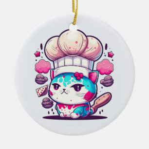 Cute Baker-bakverk Chef Cat Kitten med Bread Julgransprydnad Keramik