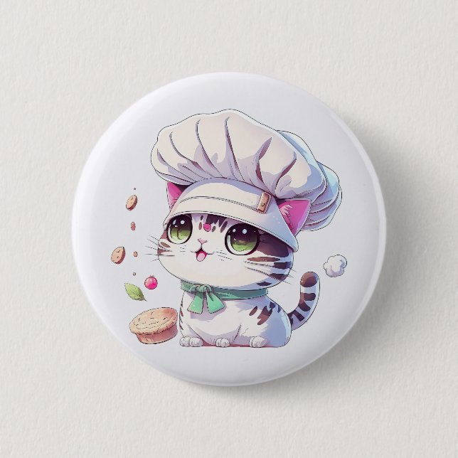Cute Baker-bakverk Chef Cat Kitten med Bread | Knapp (Framsida)