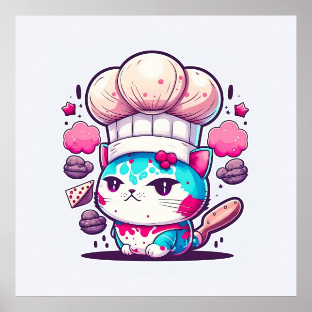 Cute Baker-bakverk Chef Cat Kitten med Bread | Poster (Framsidan)
