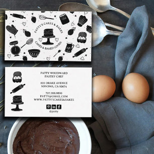 Cute Baker Pastry Chef Baking Utensils Black White Visitkort