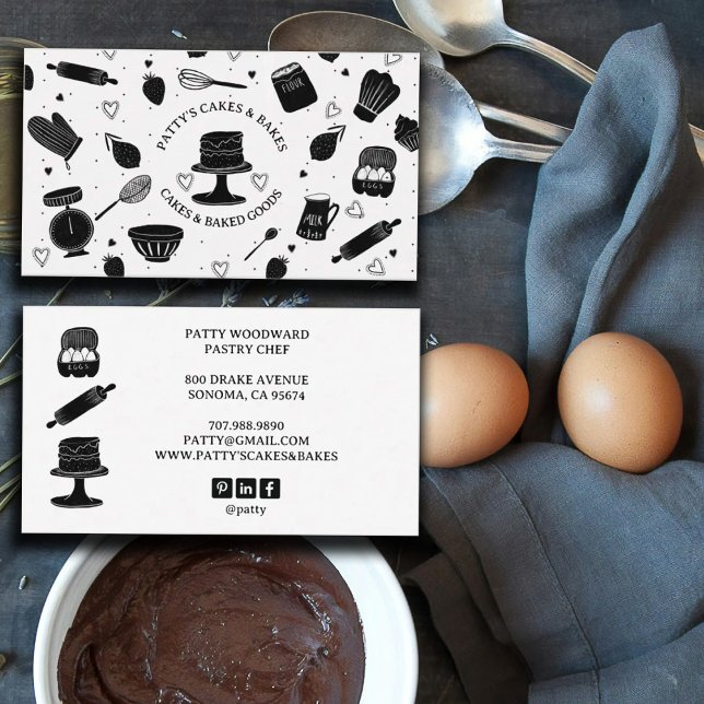 Cute Baker Pastry Chef Baking Utensils Black White Visitkort (Skapare uppladdad)