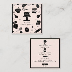 Cute Baker Pastry Chef Baking Utensils Rosa Black Fyrkantigt Visitkort