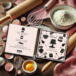 Cute Baker Pastry Chef Baking Utensils Rosa Black Fyrkantigt Visitkort