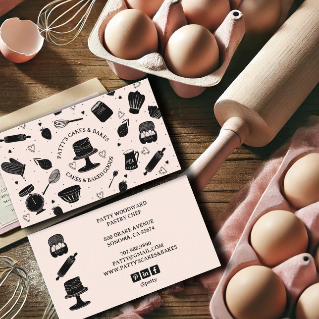 Cute Baker Pastry Chef Baking Utensils Rosa Black Visitkort (Skapare uppladdad)