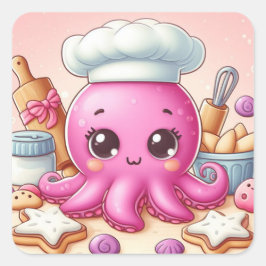 Cute baking octopus square sticker fyrkantigt klistermärke