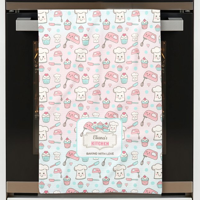 Cute Baking Rosa Blue Cupcoa Namn Kökshandduk (Cute Baking Pink Blue Cupcake Name Kitchen Towel)