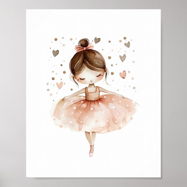Cute Ballerina Ballet Dance Kärlek Hearts Watercol Poster (Framsidan)