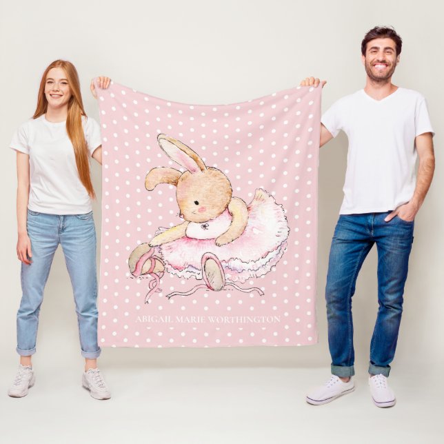 Cute Ballerina Bunny Rabbit Rosa White Polka dots Fleecefilt (På plats)