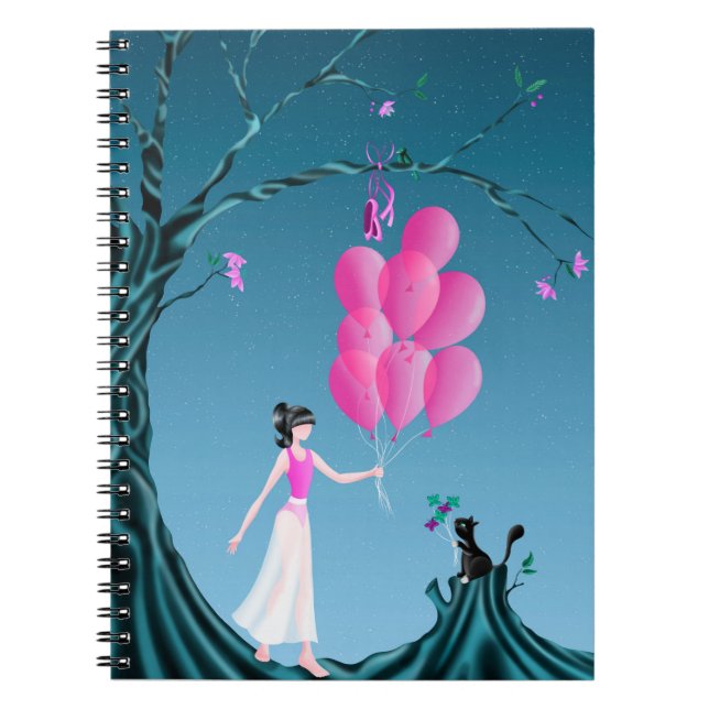 Cute Ballerina & Cat Night Himlar Anteckningsbok (Framsidan)
