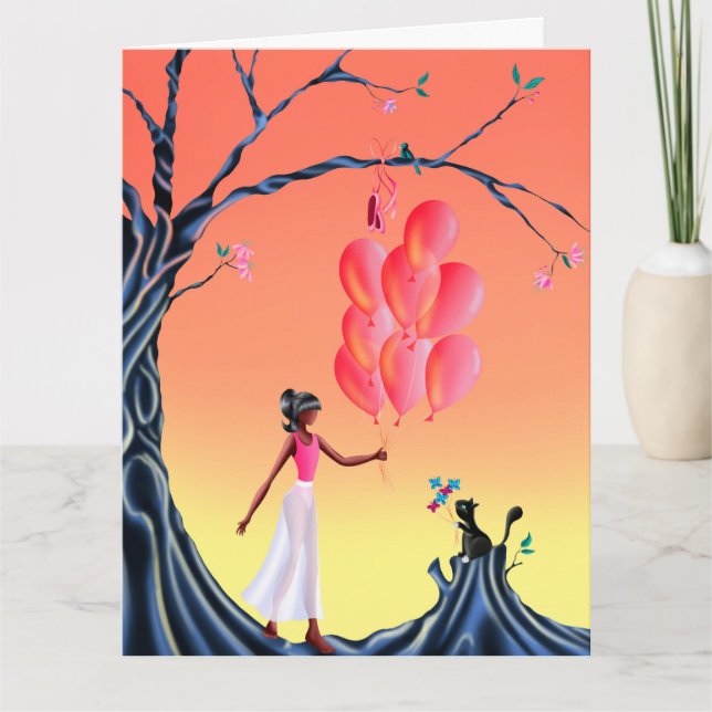 Cute Ballerina & Cat Sunset Träd Hälsning Kort (Framsida)