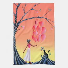 Cute Ballerina & Cat sunset träd Kökshandduk