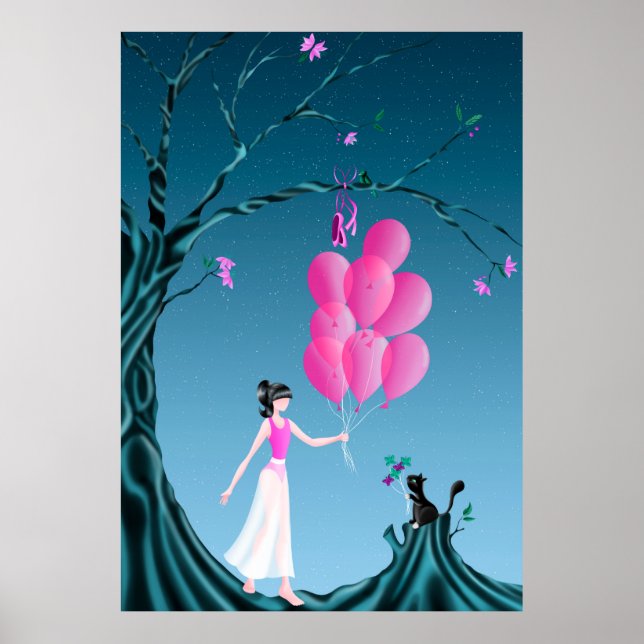 Cute Ballerina och Cat Midnight Träd Poster (Framsidan)