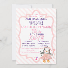 Cute Ballerina Penguin Rosa 1:a födelsedagsinbjuda Inbjudningar