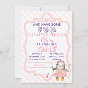 Cute Ballerina Penguin Rosa 1:a födelsedagsinbjuda Inbjudningar