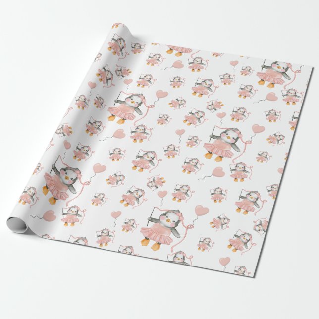Cute Ballerina Penguin Rosa Wrapping Papper Presentpapper (Utrullad)