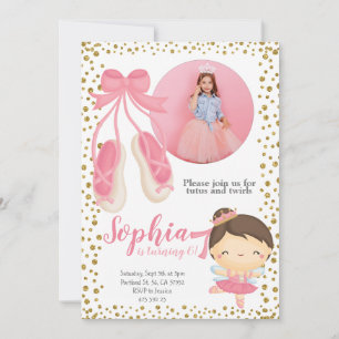 Cute Ballerina Rosa Guld Glitter Fotofödelsedag Inbjudningar
