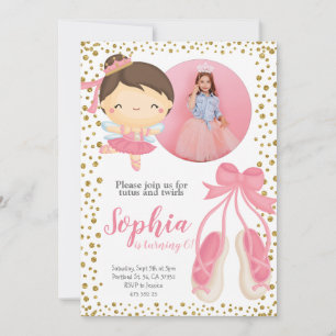 Cute Ballerina Rosa Guld Glitter Fotofödelsedag Inbjudningar