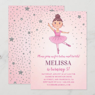 Cute Ballerina Rosa Silver Stars Flickans födels Inbjudningar