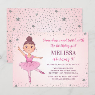 Cute Ballerina Rosa Silver Stars Girl Birthday Inbjudningar