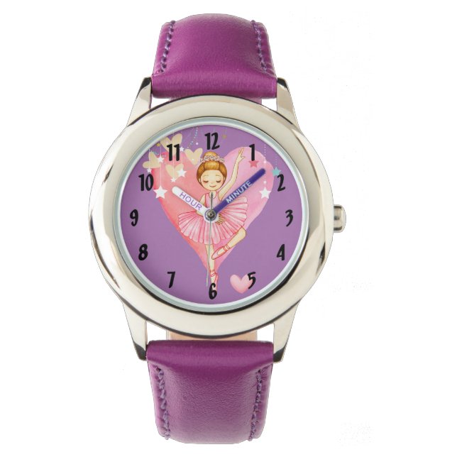 Cute Ballerina Stars Hearts Lila Girls Watch Armbandsur (Framsida)