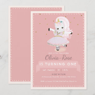Cute Ballerina Unicorn Dusty Rosa Girl Birthday Inbjudningar